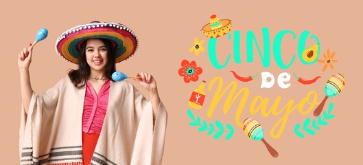 Happy young woman in sombrero, poncho and with maracas on beige background. Banner for Cinco de Mayo (the 5th of May)