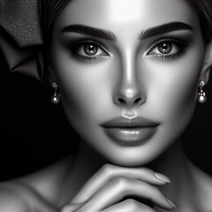Fashion portrait of beautiful woman with evening make-up. Beauty, fashion. Black and white.