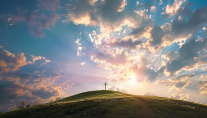 View of the Cross on the hill at sunlight, with a beautiful blue sea of ​​clouds