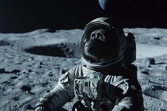 An image of a suited astronaut monkey looking up on a lunar surface - Generative AI