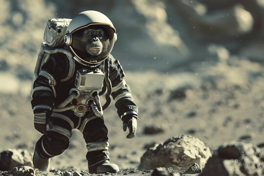 An image of a suited astronaut monkey walking on the lunar surface - Generative AI