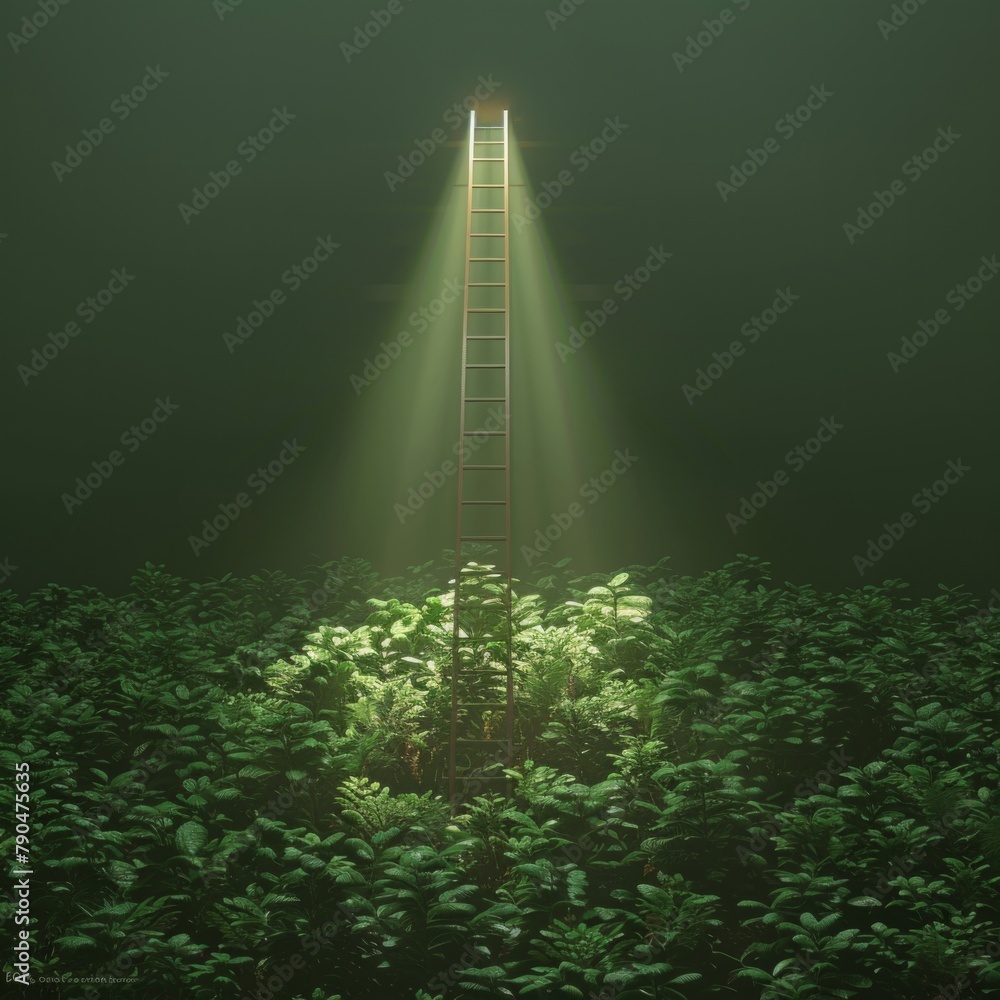 Poster create a 3d rendering of a creative and motivational scene where one ladder, significantly longer an