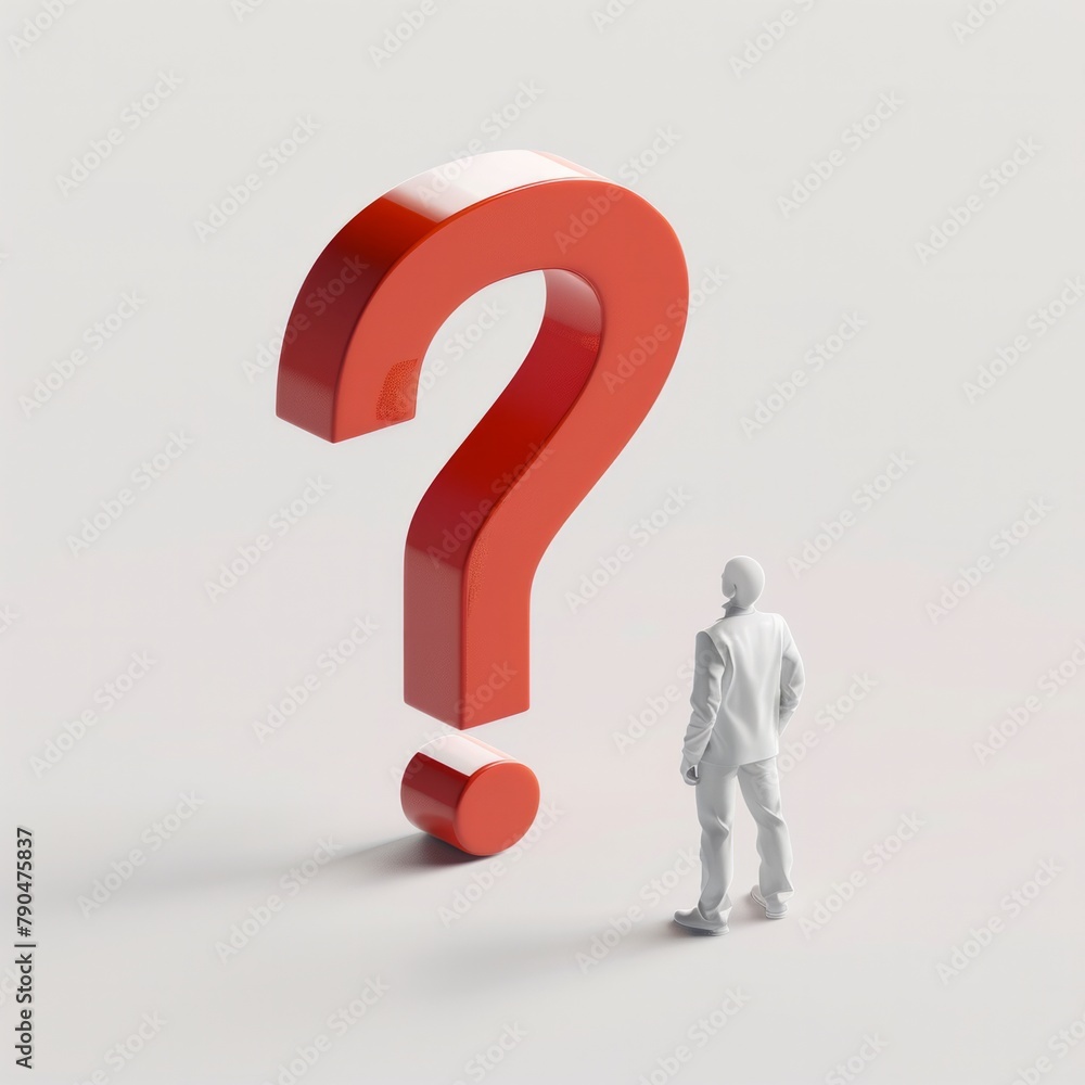 Poster design a 3d icon featuring a figure standing next to a large red question mark, ai generative