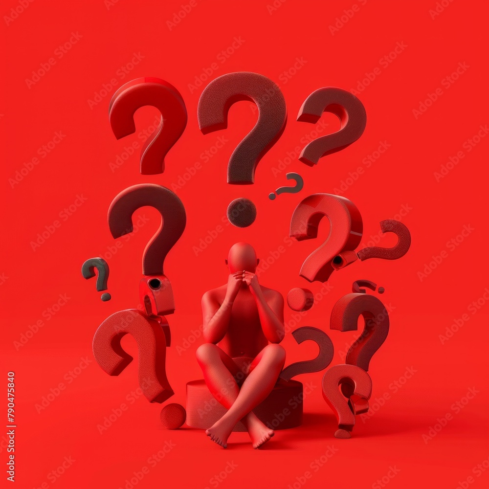 Poster design a 3d icon of a figure seated and surrounded by towering red question marks, symbolizing overw