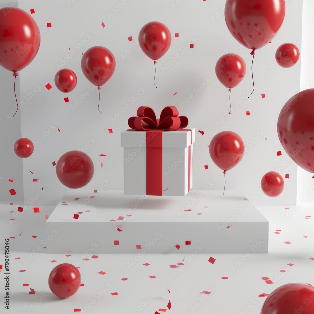 Poster design a 3d icon showcasing a pristine white gift box surrounded by floating red balloons, set in a 