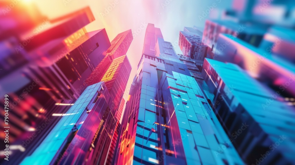 Poster design a visually striking abstract cityscape that blends futuristic technology with a kaleidoscope 