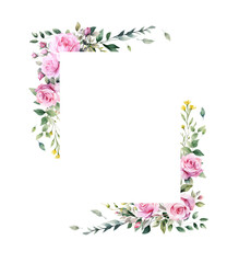 Fototapeta premium Vector watercolor flower border. Spring pink roses flower frame with leaves, yellow grass flowers. Cards, invitations, decorative border wreath. Wedding, mother's day, valentine's day,Women's Day 