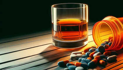 An orange pill bottle spilled over next to a glass of alcohol whiskey