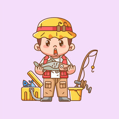 Cute fisher fishing shout kawaii chibi character mascot illustration outline style design