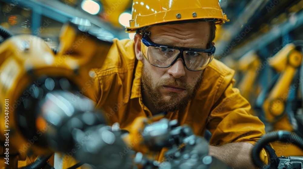 Poster engineer controlling welding robotics, advanced automotive factory, monitoring system interface, pre