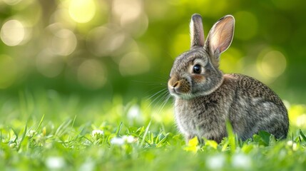 Funny bunny, a baby rabbit with soft gray fur and long ears standing alert, AI Generative