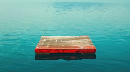 A small floating dock made of wood featuring a red painted border intended for docking fishing and recreational boats The calm blue sea mirrors the dock on its surface - obrazy, fototapety, plakaty