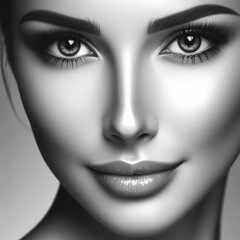 Beautiful woman face close up. Perfect makeup. Beauty fashion. Eyelashes black and white.