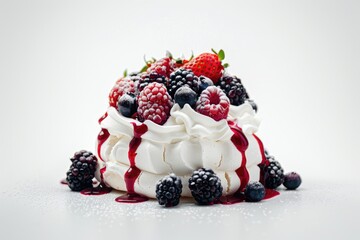 Pavlova cake with whipped cream and fresh berries