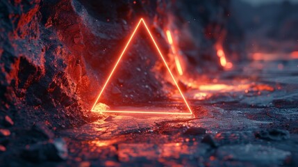 Pink neon triangle light in 3D render, glowing lines against dark, abstract interpretation, landscape shot, vivid and detailed, AI Generative
