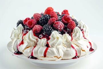 Pavlova cake with whipped cream and fresh berries