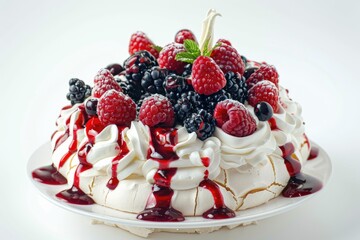 Pavlova cake with whipped cream and fresh berries