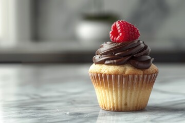 Chocolate cupcake with raspberries on white marble table.