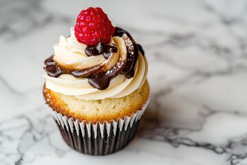 Chocolate cupcake with raspberries on white marble table.