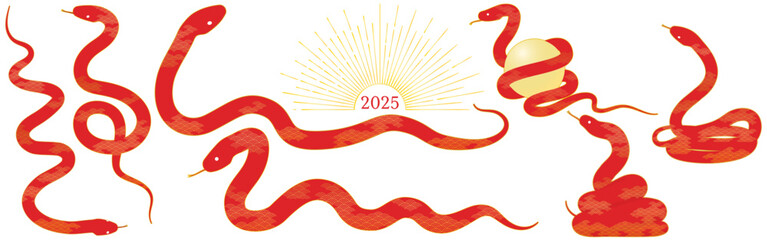 2025年巳年の年賀状素材、和柄模様の赤蛇のポーズセット