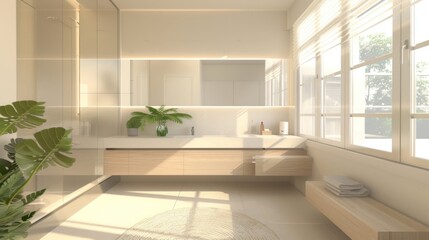 A photo of a minimalist bathroom illuminated by large windows, with a focus on clean,  