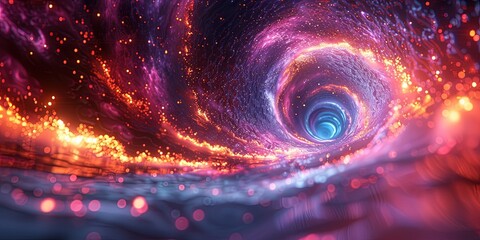 Color image of a warp tunnel in deep space. Matter particles spin in the vortex of gravity. Hyperspace. Generative AI - obrazy, fototapety, plakaty