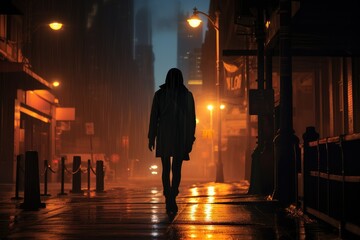 A person walks down a city street at night, under the glow of streetlights. Generative AI