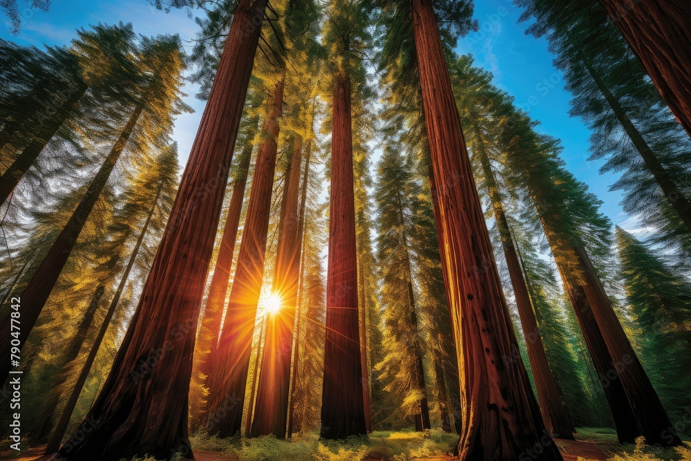 Aufkleber sunlight filters through dense canopy in a forest, illuminating the trees and creating patterns of l
