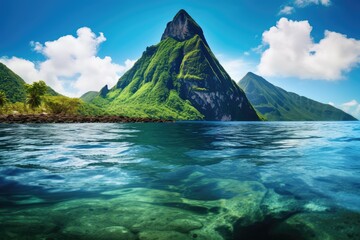 A grand mountain rises above the expansive body of water, creating a striking and powerful natural scene. Generative AI