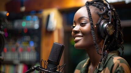 A smiling radio presenter wearing headphones reads the news into a studio microphone at a radio station. Generative AI
