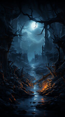 cinematic 4k wallpaper of a dark and mysterious forest with a river flowing through it. The moon is shining through the trees and there is a ruined castle in the distance. - obrazy, fototapety, plakaty