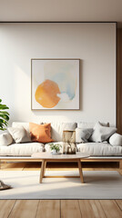 /imagine: prompt living room, white sofa, orange pillows, wooden table, plant, large abstract painting