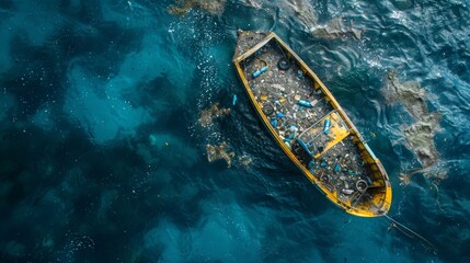 A boat filled with trash in the middle of the ocean. - obrazy, fototapety, plakaty