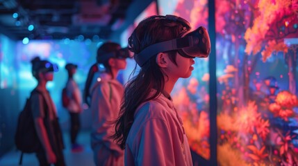 A girl wearing a VR headset is looking at a digital aquarium.