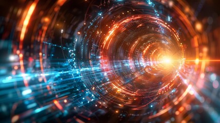 A digital tunnel of orange and blue lights.