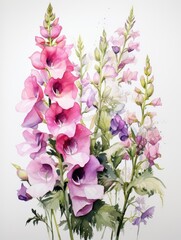 Watercolor foxglove clipart with tall spires of colorful flowers - obrazy, fototapety, plakaty
