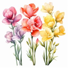 Watercolor freesia clipart with fragrant blooms in various colors