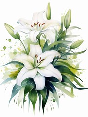 Watercolor lily clipart with elegant white petals and green stems - obrazy, fototapety, plakaty