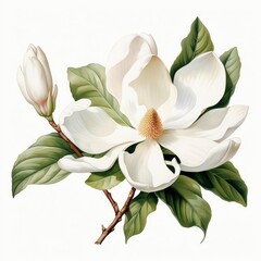 Watercolor magnolia clipart with large white petals and green leaves