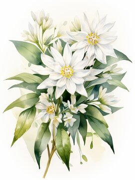 Watercolor Edelweiss Clipart With Small White Flowers And Green Leaves