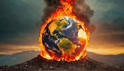 Planet Earth globe burning, destroyed by fire, conceptual illustration of global warming