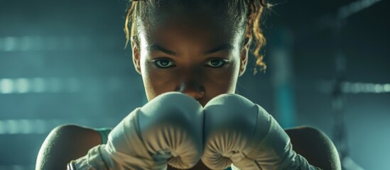 Fototapeta premium A close up of a determined woman in boxing gloves with her hands covering her face, preparing for a fight