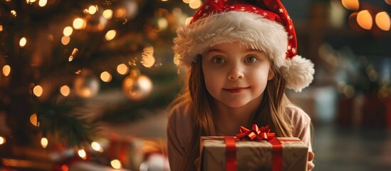 A close-up of a delighted little girl holding a beautifully wrapped present in front of a sparkling and decorated Christmas tree - obrazy, fototapety, plakaty