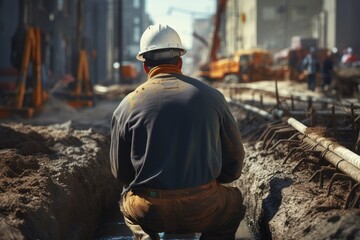 A man in a hard hat takes a break while sitting on a construction site, surrounded by tools and materials used in road construction. Generative AI