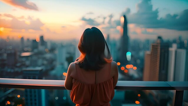 Contemplative Woman Overlooking Cityscape at Dusk with Ai generated.
