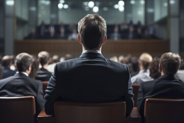 Fototapeta premium A man in a suit sitting in the back row of a group of people in a courtroom. Generative AI