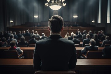A man in a suit sitting in the last row of a crowded room, facing a group of people. courtroom concept. Generative AI