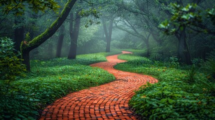 A brick path through a lush green forest