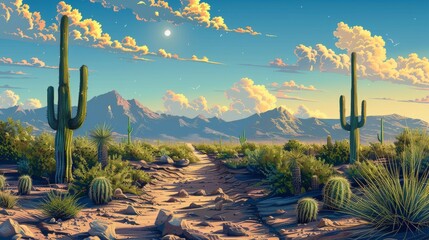 A beautiful painting of a desert landscape with cacti, mountains, and a clear blue sky.