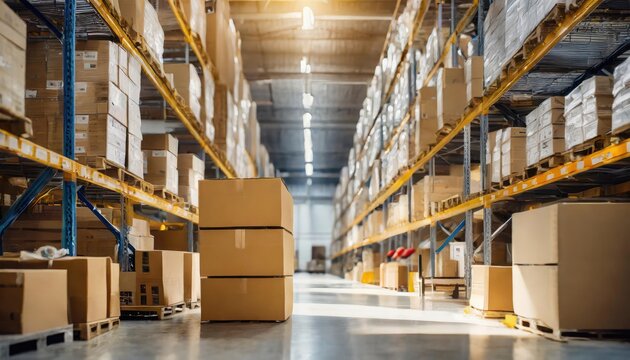 Retail warehouse full of shelves with cardboard boxes and packages. Logistics, storage online shop, olshop